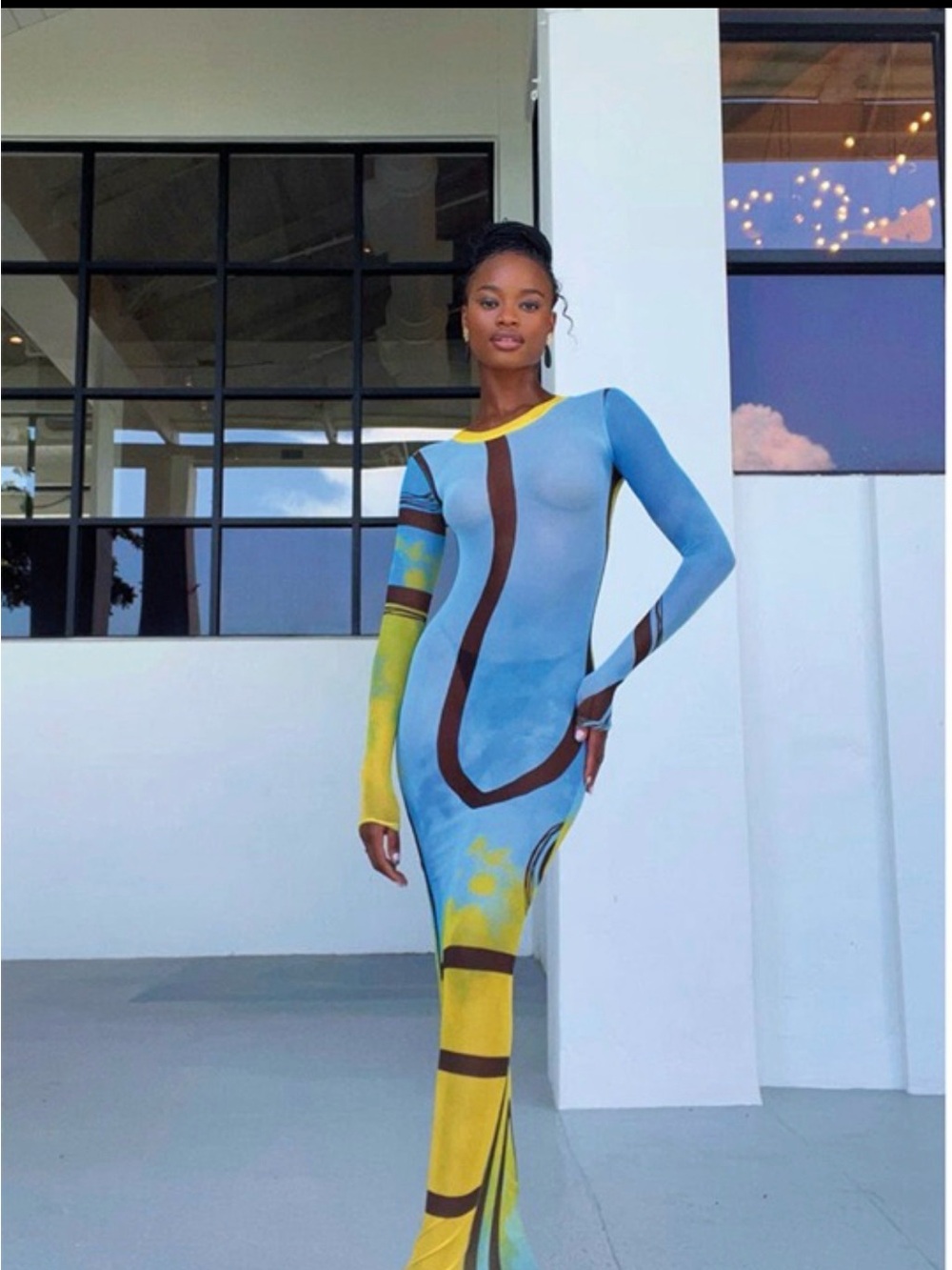 Sculpted Long-Sleeve Blue and Yellow Graphic Maxi Dress